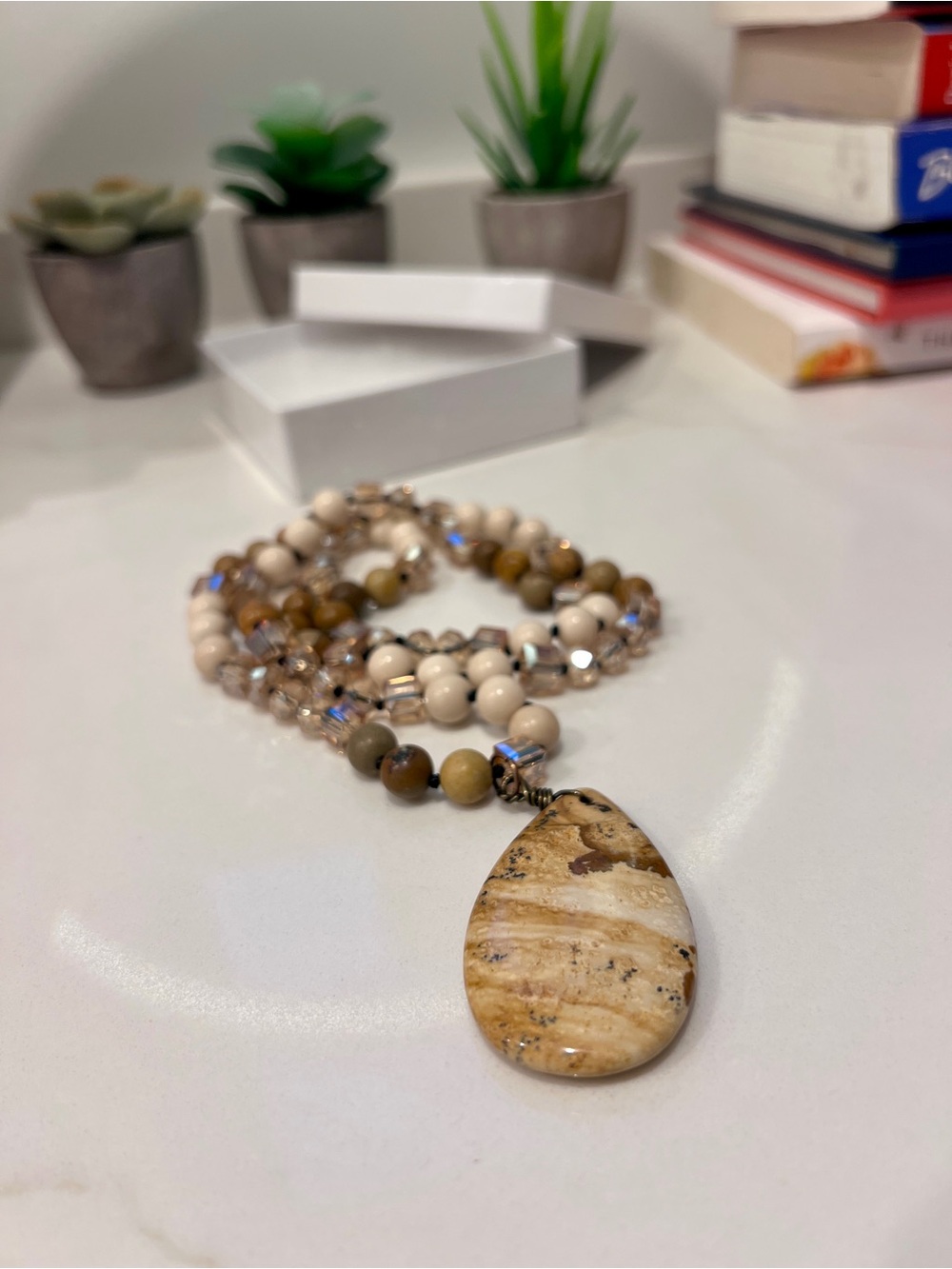 Natural Beige Stone Teardrop Pendant Necklace - Women Jewelry